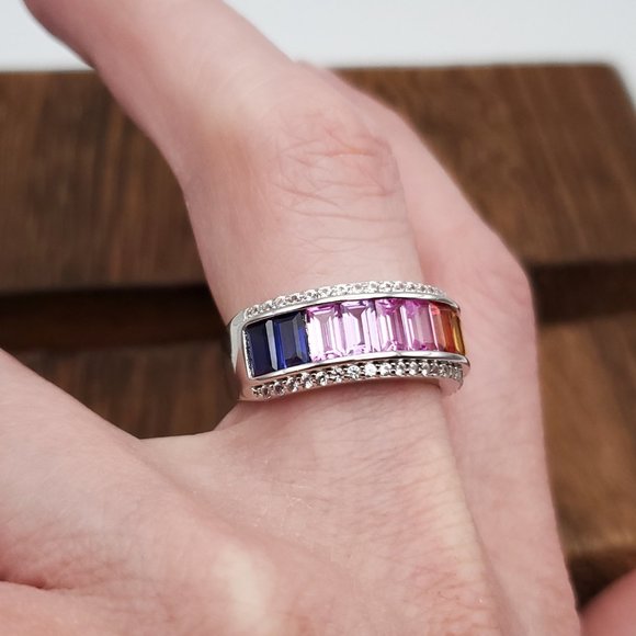 Size 9 925 Sterling Silver Beautiful Colorful Sapphire Gemstones Ring - Picture 5 of 10